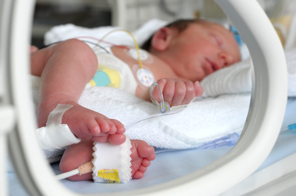 Newborn baby in incubator