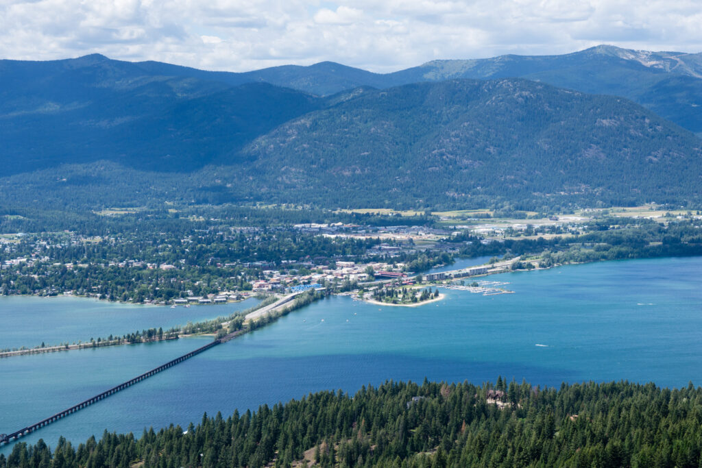 View of Lake Pend Oreille and the town of Sandpoint, Idaho, from the top of the mountain